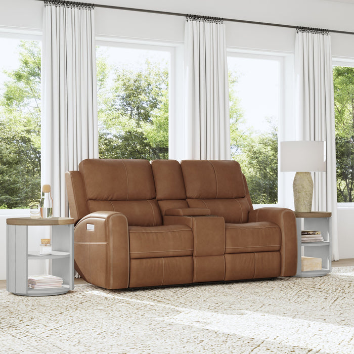 Linden Leather Power Reclining Loveseat with Console ON DISPLAY IN SHOWROM