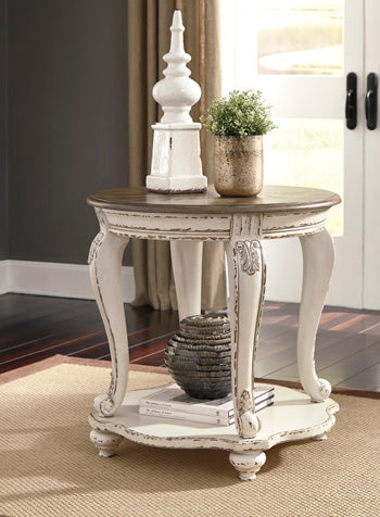 Round End Table Realyn White/Brown